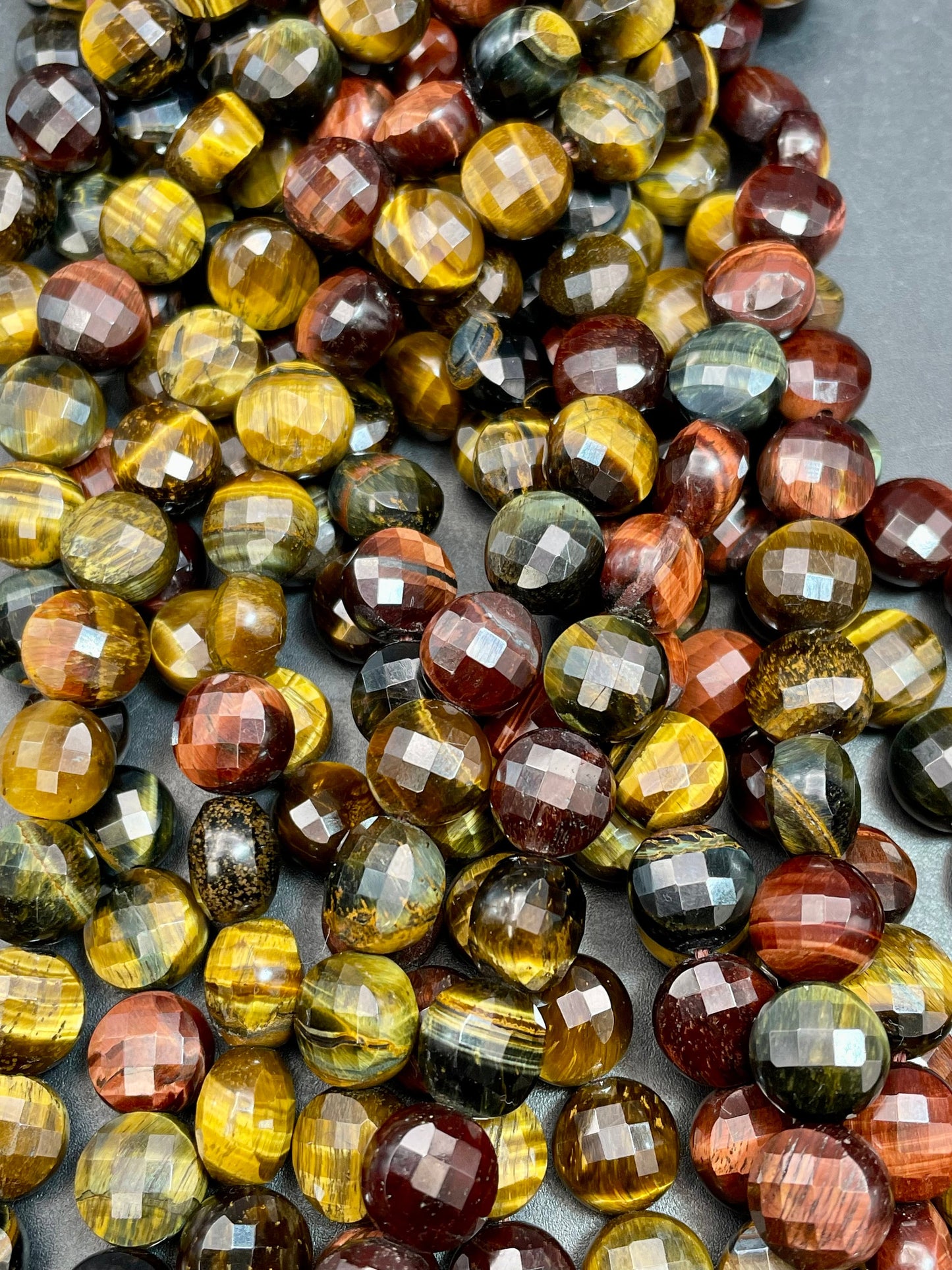 AAA Natural tiger eye gemstone bead Faceted 10mm coin shape stone. Gorgeous multi color tiger eye bead. High quality gemstones!