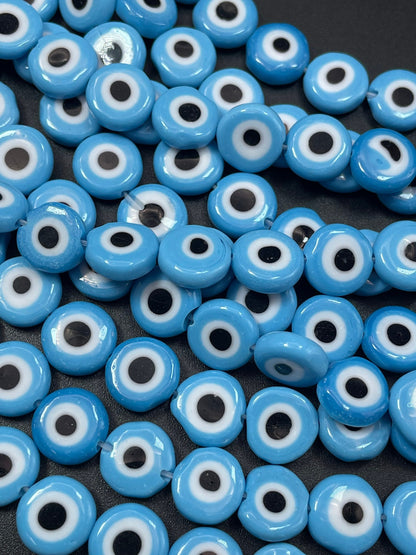 Beautiful Evil eye glass crystal beads . Religious amulet prayer beads . 10mm flat Coin shape Beautiful blue black color. Lucky eye