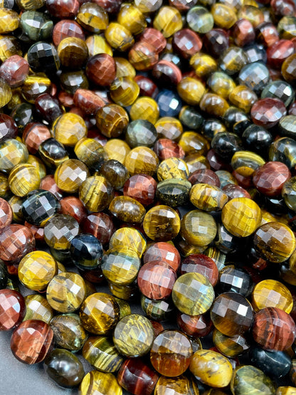 AAA Natural tiger eye gemstone bead Faceted 10mm coin shape stone. Gorgeous multi color tiger eye bead. High quality gemstones!
