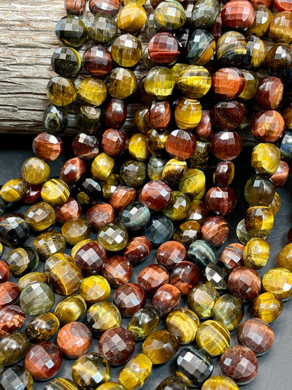 AAA Natural tiger eye gemstone bead Faceted 10mm coin shape stone. Gorgeous multi color tiger eye bead. High quality gemstones!