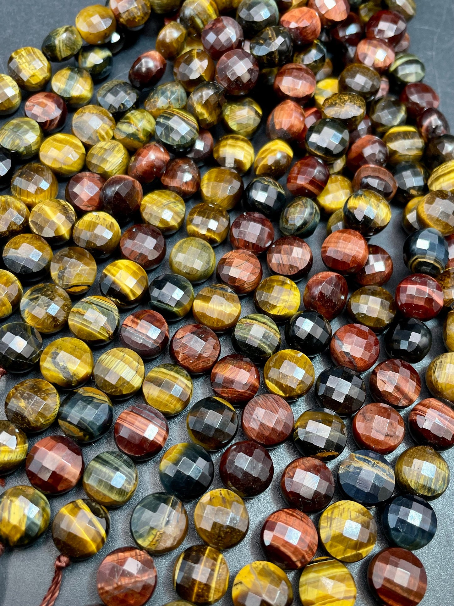 AAA Natural tiger eye gemstone bead Faceted 10mm coin shape stone. Gorgeous multi color tiger eye bead. High quality gemstones!