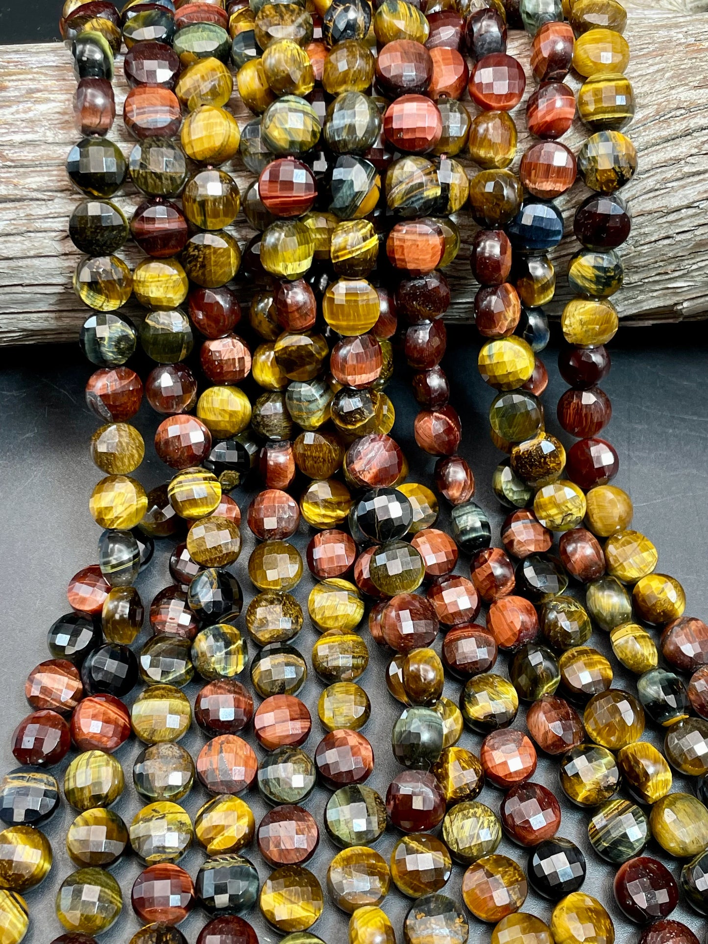 AAA Natural tiger eye gemstone bead Faceted 10mm coin shape stone. Gorgeous multi color tiger eye bead. High quality gemstones!