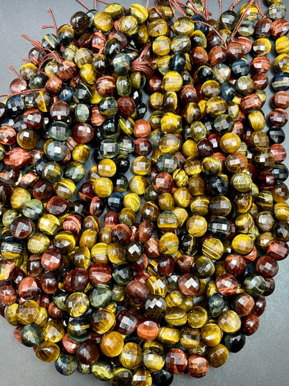 AAA Natural tiger eye gemstone bead Faceted 10mm coin shape stone. Gorgeous multi color tiger eye bead. High quality gemstones!