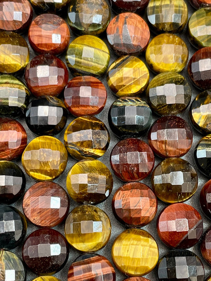 AAA Natural tiger eye gemstone bead Faceted 10mm coin shape stone. Gorgeous multi color tiger eye bead. High quality gemstones!