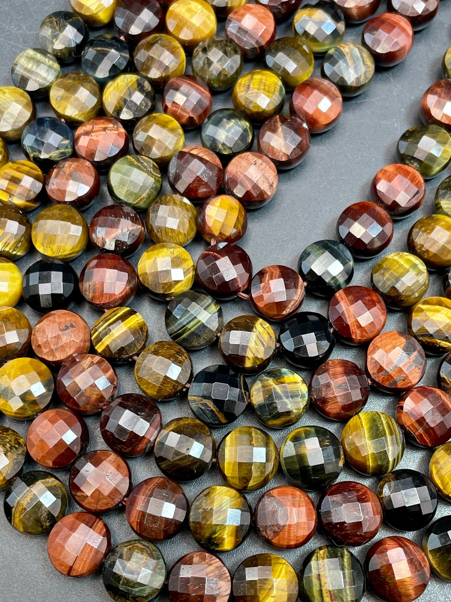 AAA Natural tiger eye gemstone bead Faceted 10mm coin shape stone. Gorgeous multi color tiger eye bead. High quality gemstones!
