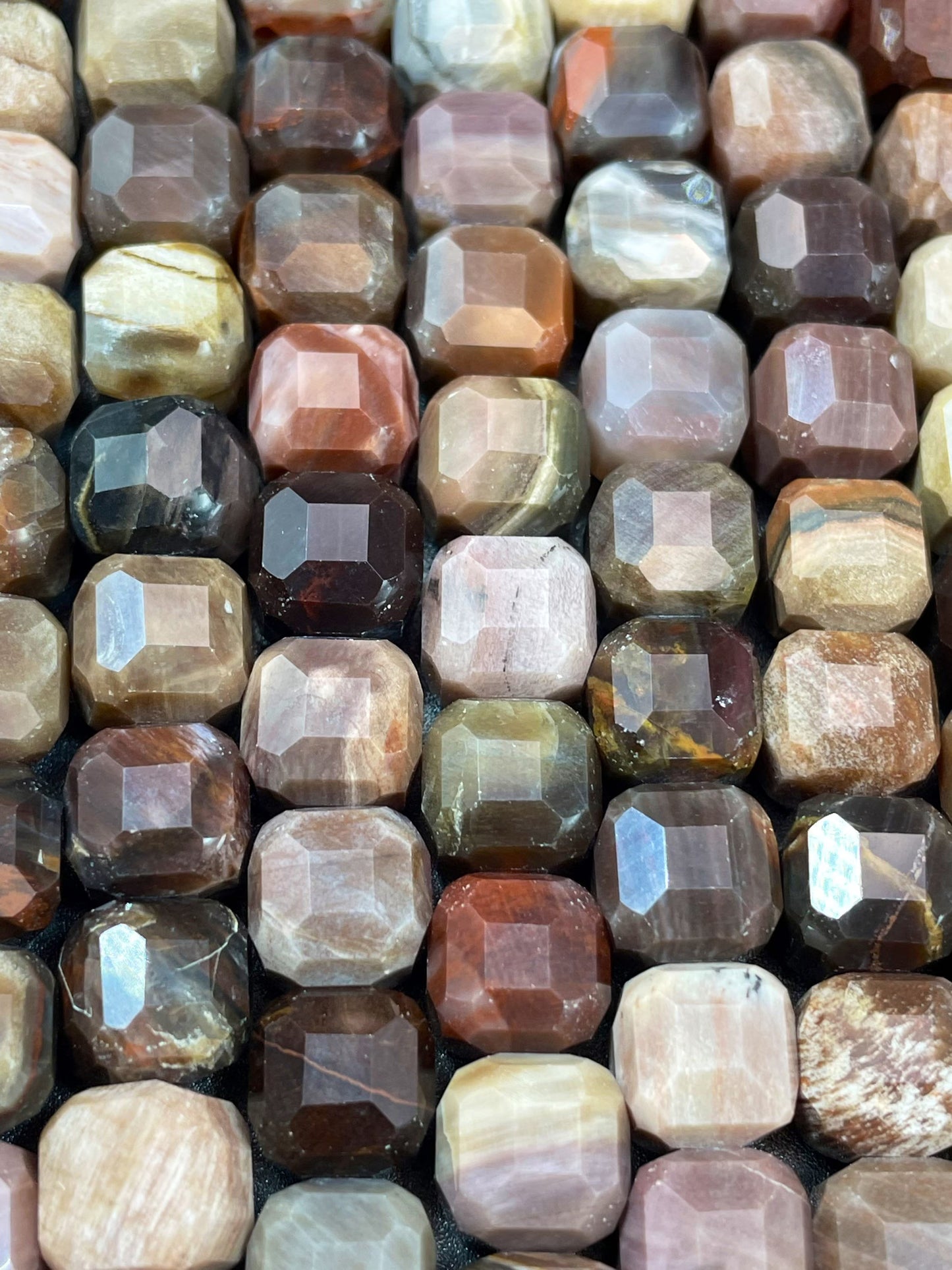 AAA natural Petrified Wood jasper. Faceted 9mm cube shape bead. Gorgeous natural brown orange Gray color. High quality gemstone bead!