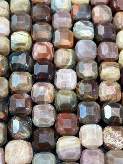 AAA natural Petrified Wood jasper. Faceted 9mm cube shape bead. Gorgeous natural brown orange Gray color. High quality gemstone bead!