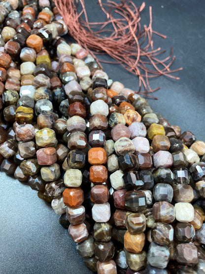 AAA natural Petrified Wood jasper. Faceted 9mm cube shape bead. Gorgeous natural brown orange Gray color. High quality gemstone bead!