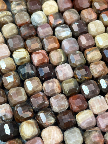 AAA natural Petrified Wood jasper. Faceted 9mm cube shape bead. Gorgeous natural brown orange Gray color. High quality gemstone bead!