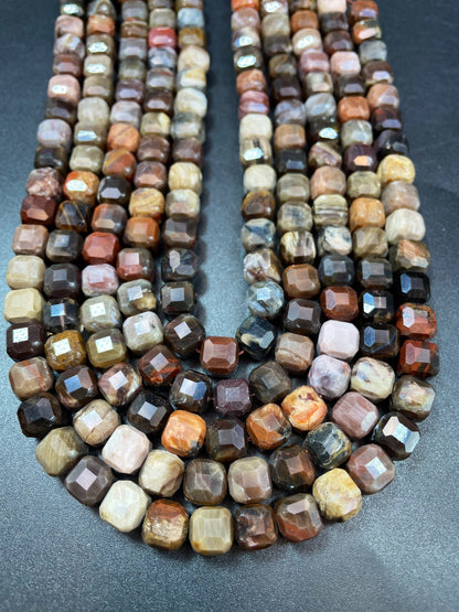 AAA natural Petrified Wood jasper. Faceted 9mm cube shape bead. Gorgeous natural brown orange Gray color. High quality gemstone bead!
