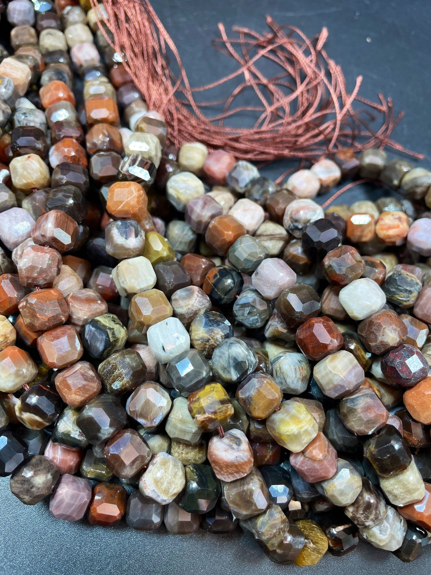 AAA natural Petrified Wood jasper. Faceted 9mm cube shape bead. Gorgeous natural brown orange Gray color. High quality gemstone bead!