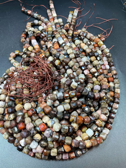AAA natural Petrified Wood jasper. Faceted 9mm cube shape bead. Gorgeous natural brown orange Gray color. High quality gemstone bead!