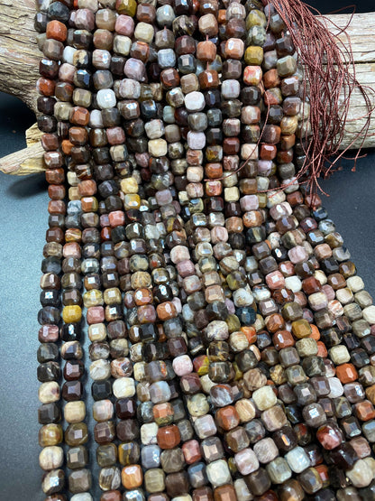 AAA natural Petrified Wood jasper. Faceted 9mm cube shape bead. Gorgeous natural brown orange Gray color. High quality gemstone bead!