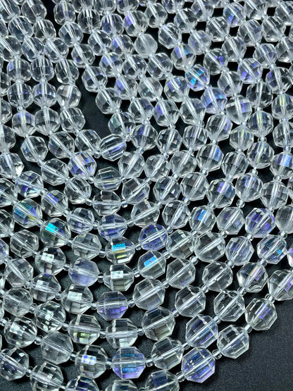 Natural Clear Rock Crystal Quartz stone bead. Faceted 10mm diamond cut shape. Beautiful Mystic clear color, rainbow flash. Full strand 15.5"