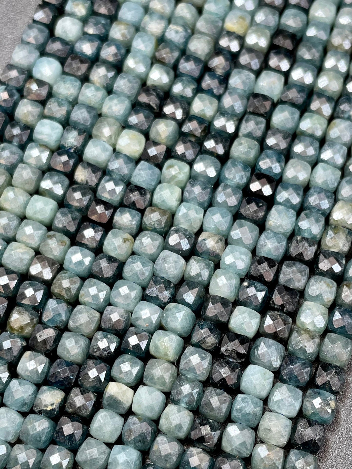 Natural Blue Tourmaline stone bead. Faceted 4mm cube shape bead. Beautiful natural blue black tourmaline gemstone bead. Full strand 15.5”