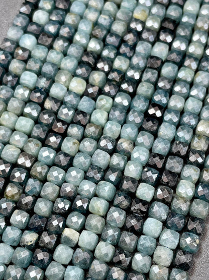 Natural Blue Tourmaline stone bead. Faceted 4mm cube shape bead. Beautiful natural blue black tourmaline gemstone bead. Full strand 15.5”