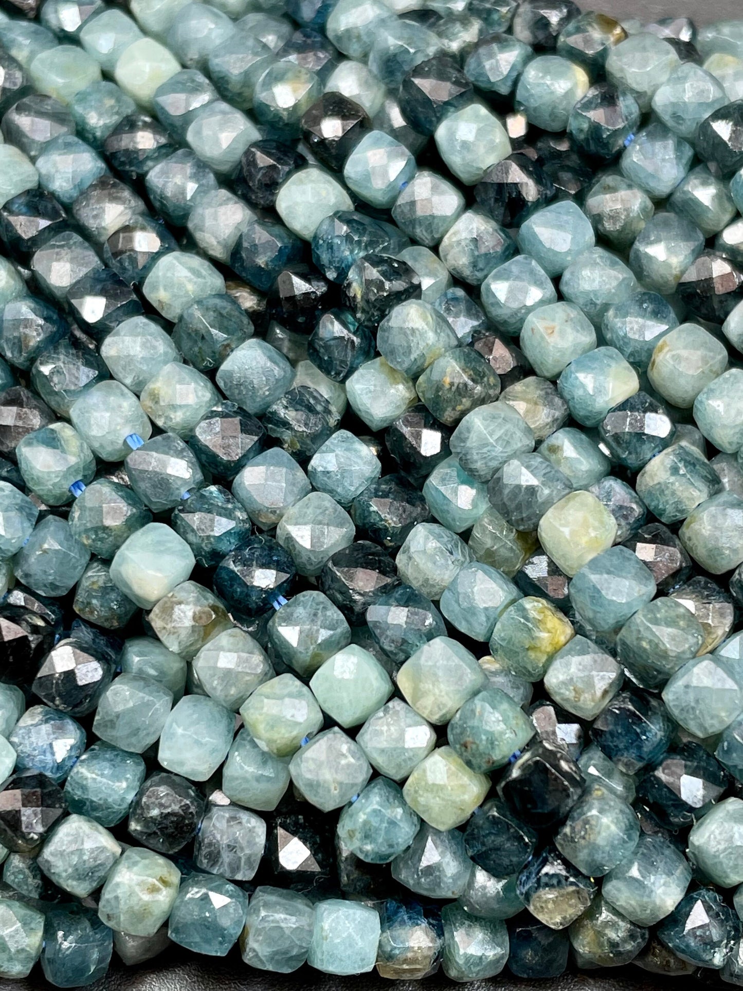Natural Blue Tourmaline stone bead. Faceted 4mm cube shape bead. Beautiful natural blue black tourmaline gemstone bead. Full strand 15.5”