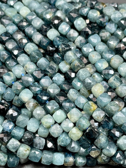 Natural Blue Tourmaline stone bead. Faceted 4mm cube shape bead. Beautiful natural blue black tourmaline gemstone bead. Full strand 15.5”
