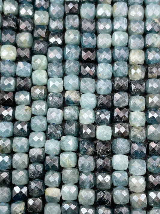 Natural Blue Tourmaline stone bead. Faceted 4mm cube shape bead. Beautiful natural blue black tourmaline gemstone bead. Full strand 15.5”
