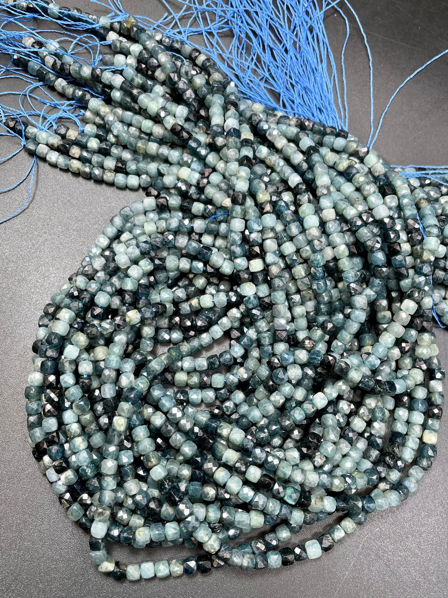 Natural Blue Tourmaline stone bead. Faceted 4mm cube shape bead. Beautiful natural blue black tourmaline gemstone bead. Full strand 15.5”