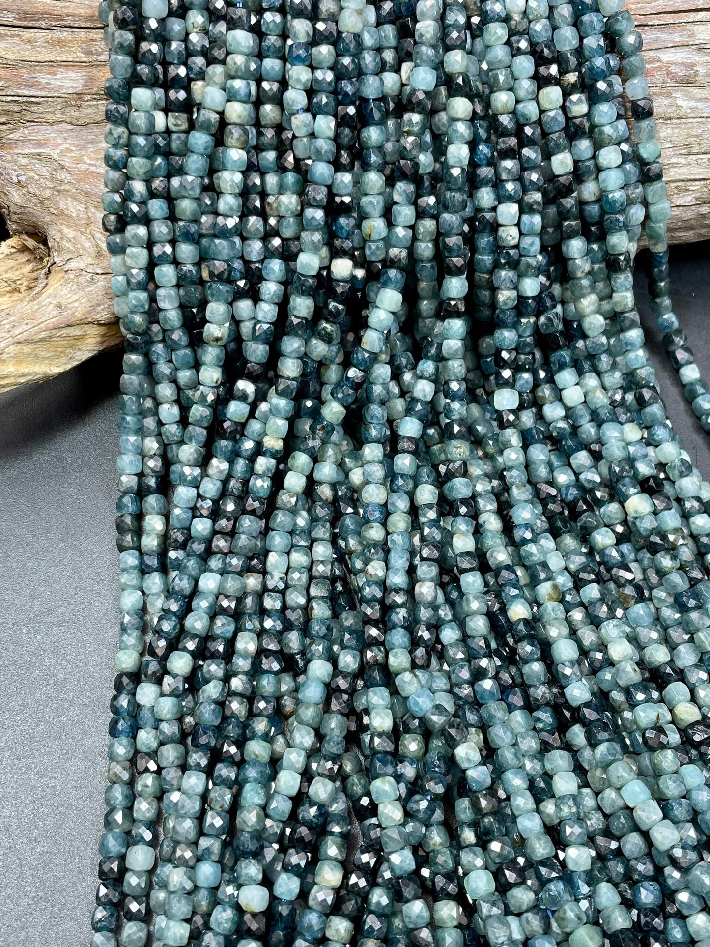 Natural Blue Tourmaline stone bead. Faceted 4mm cube shape bead. Beautiful natural blue black tourmaline gemstone bead. Full strand 15.5”