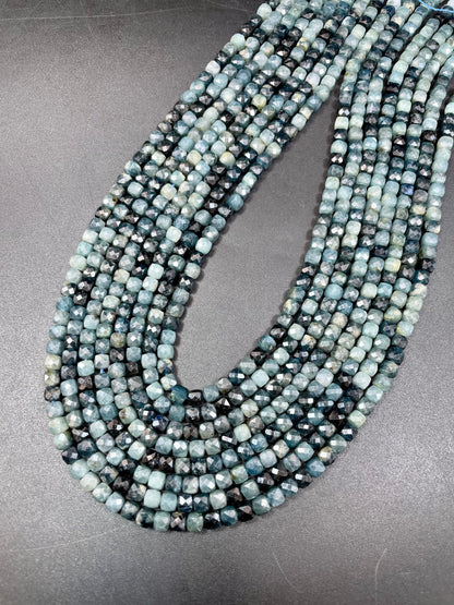 Natural Blue Tourmaline stone bead. Faceted 4mm cube shape bead. Beautiful natural blue black tourmaline gemstone bead. Full strand 15.5”