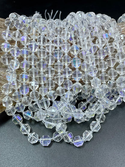 Natural Clear Rock Crystal Quartz stone bead. Faceted 10mm diamond cut shape. Beautiful Mystic clear color, rainbow flash. Full strand 15.5"