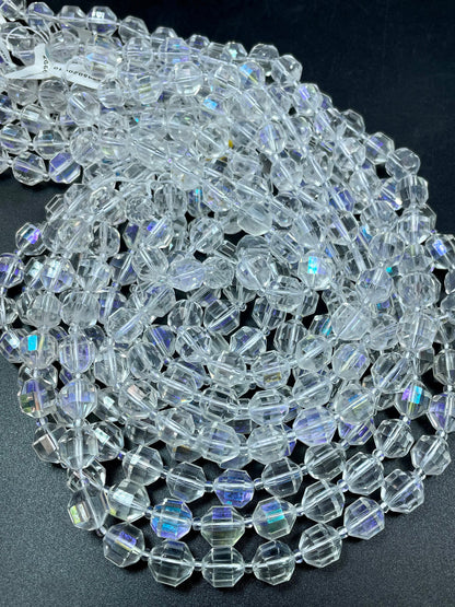 Natural Clear Rock Crystal Quartz stone bead. Faceted 10mm diamond cut shape. Beautiful Mystic clear color, rainbow flash. Full strand 15.5"