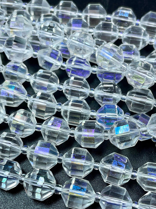 Natural Clear Rock Crystal Quartz stone bead. Faceted 10mm diamond cut shape. Beautiful Mystic clear color, rainbow flash. Full strand 15.5"
