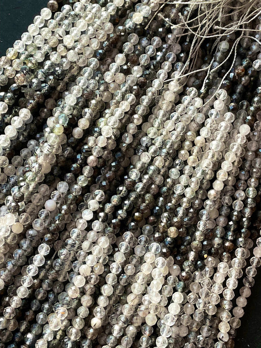 AAA Natural Tourmaline quartz stone bead. Faceted 5mm round bead . Beautiful natural super clear Black Tourmaline quartz.full strand 15.5”