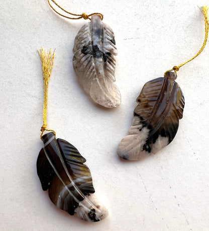 Natural Blossom Flower Agate Gemstone Feather Shape Pendant 24x50mm Beautiful Black Brown Color Gemstone Pendant Loose Pendant Loose Bead