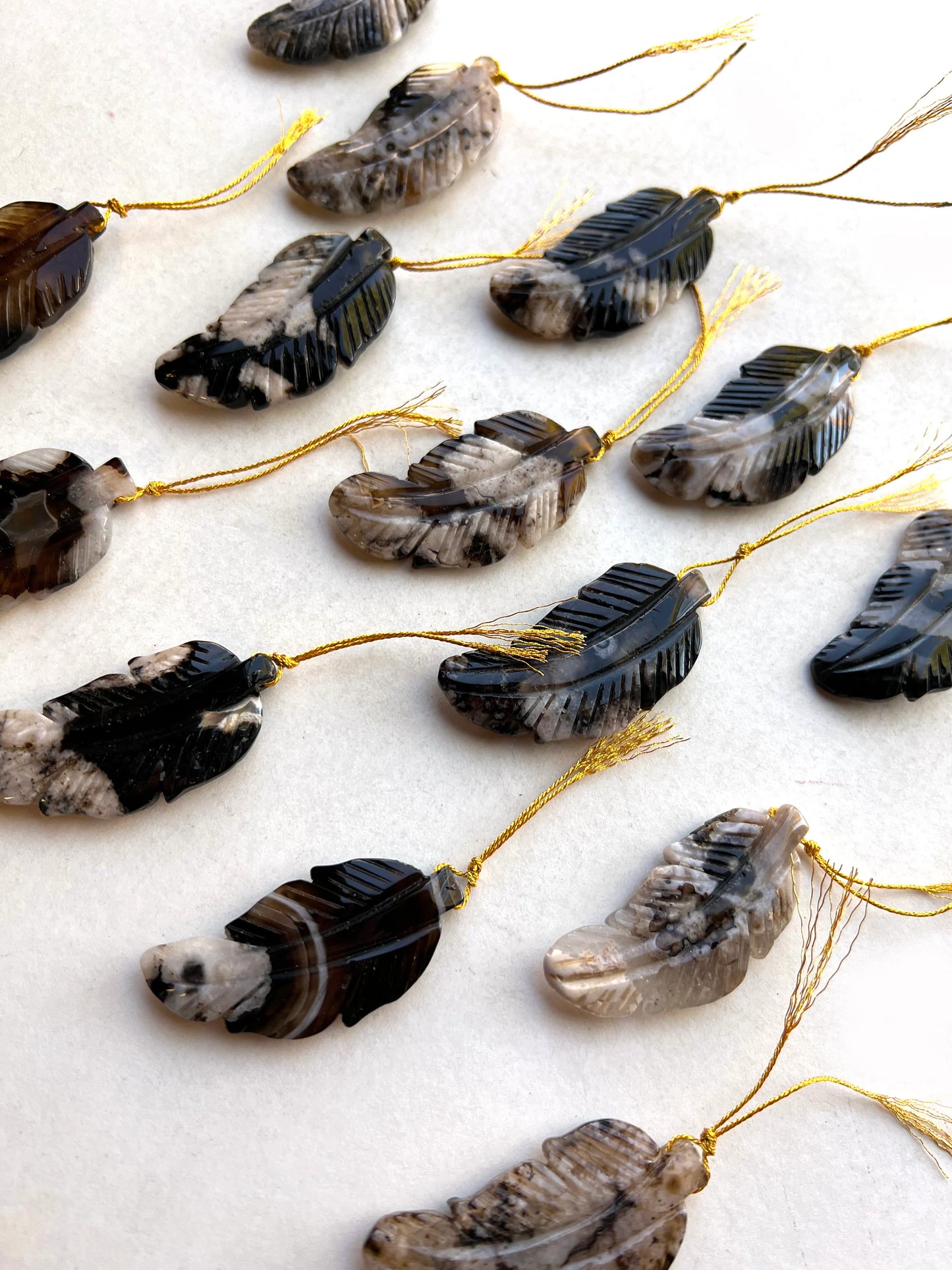 Natural Blossom Flower Agate Gemstone Feather Shape Pendant 24x50mm Beautiful Black Brown Color Gemstone Pendant Loose Pendant Loose Bead