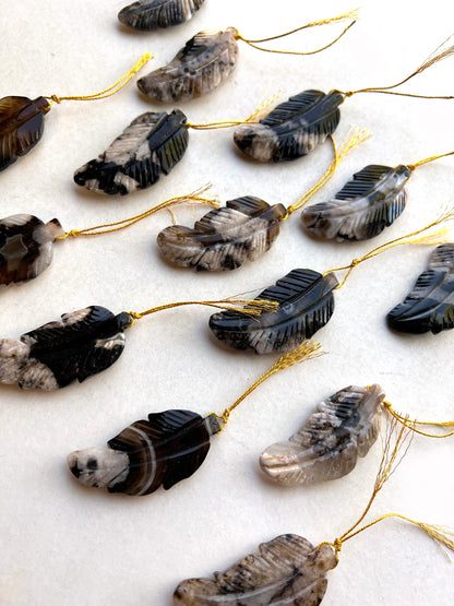 Natural Blossom Flower Agate Gemstone Feather Shape Pendant 24x50mm Beautiful Black Brown Color Gemstone Pendant Loose Pendant Loose Bead
