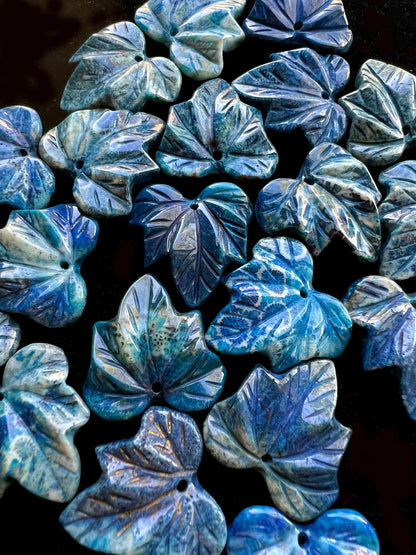 Natural Blue Fossil Coral Pendant Hand Carved Maple Leaf Shape 24mm Handmade Earring Loose Bead Loose Pendant Loose gemstone Handmade stone