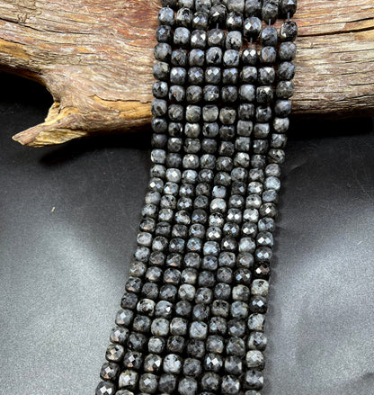 AAA Natural Larvikite Faceted Cube 9mm Gorgeous Deep Gray and Black Colors Loose Bead Loose Gemstone Loose Larvikite Full  Strand 15.5"