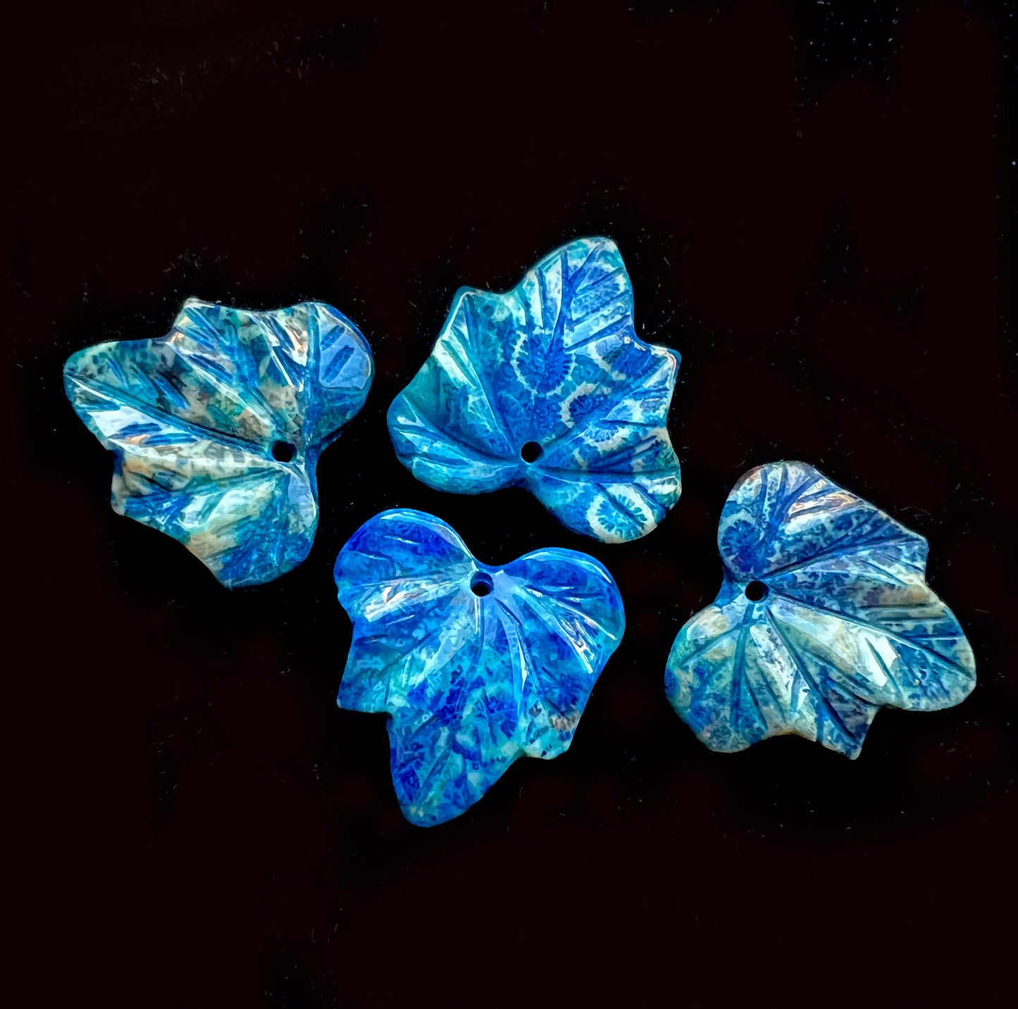 Natural Blue Fossil Coral Pendant Hand Carved Maple Leaf Shape 24mm Handmade Earring Loose Bead Loose Pendant Loose gemstone Handmade stone