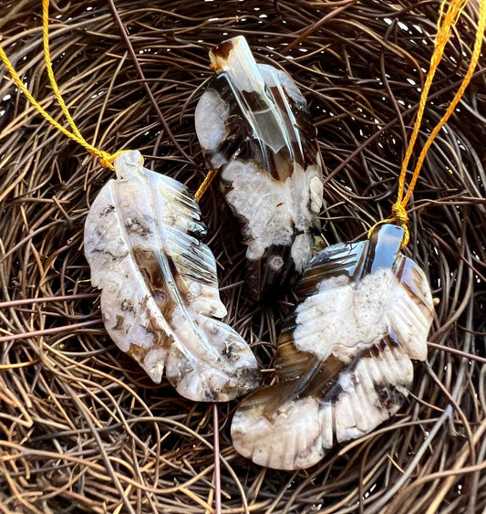 Natural Blossom Flower Agate Gemstone Feather Shape Pendant 24x50mm Beautiful Black Brown Color Gemstone Pendant Loose Pendant Loose Bead
