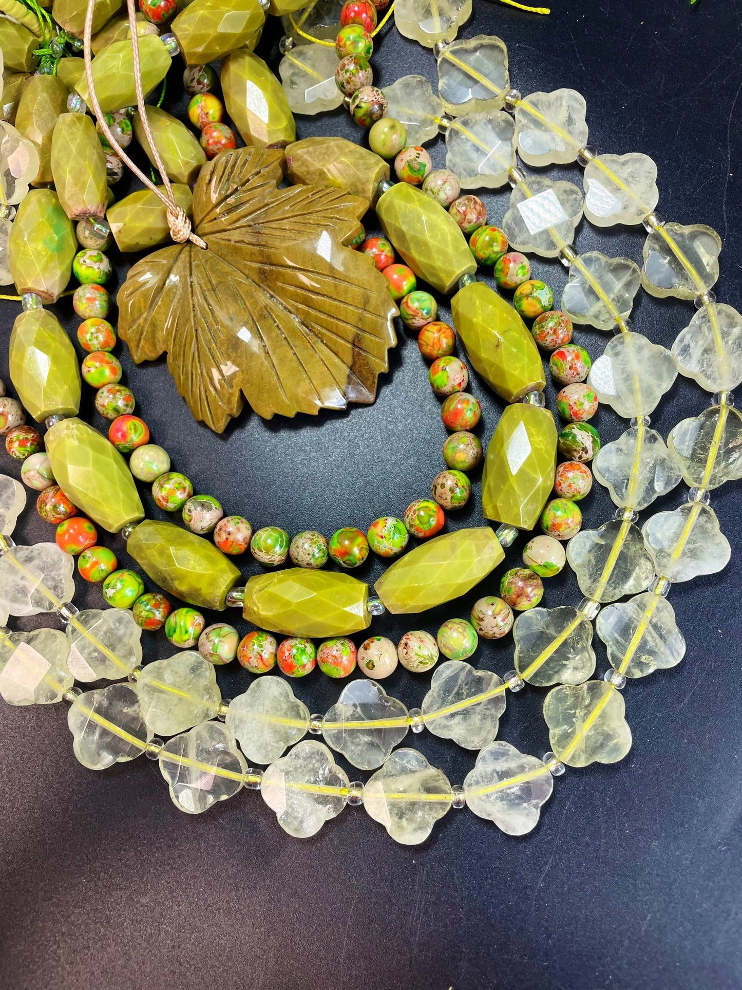 NEW! BULK SET! Natural Multi Gemstone Beads Set. 13x20mm Green Opal Barrel Shape. 18mm Lemon Quartz Clover Shape. 8mm Sea Sediment 15.5”