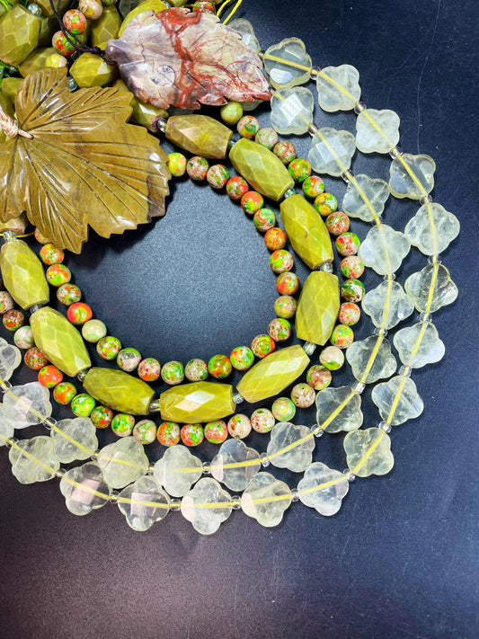 NEW! BULK SET! Natural Multi Gemstone Beads Set. 13x20mm Green Opal Barrel Shape. 18mm Lemon Quartz Clover Shape. 8mm Sea Sediment 15.5”