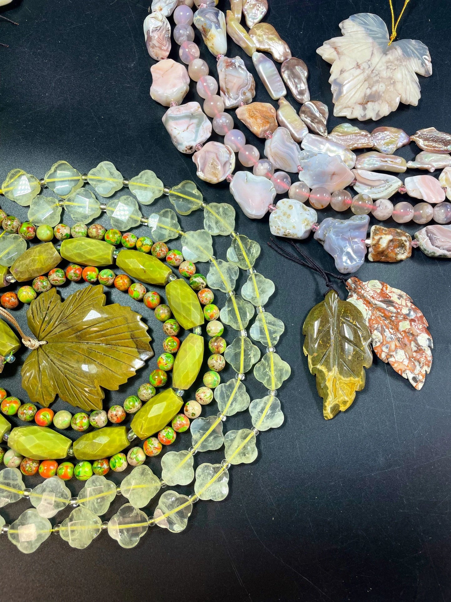 NEW! BULK SET! Natural Multi Gemstone Beads Set. 13x20mm Green Opal Barrel Shape. 18mm Lemon Quartz Clover Shape. 8mm Sea Sediment 15.5”