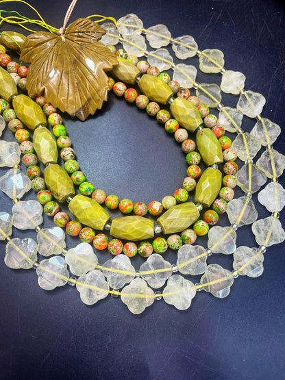 NEW! BULK SET! Natural Multi Gemstone Beads Set. 13x20mm Green Opal Barrel Shape. 18mm Lemon Quartz Clover Shape. 8mm Sea Sediment 15.5”