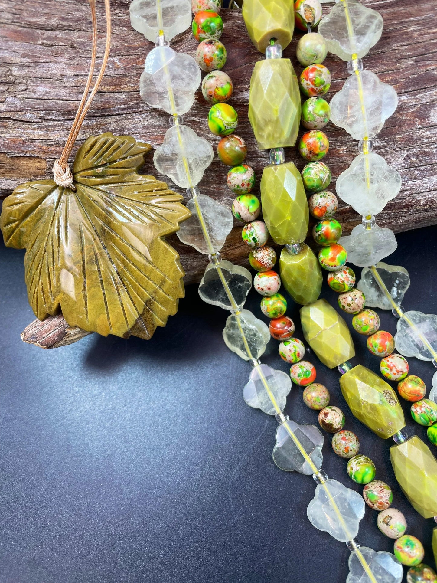 NEW! BULK SET! Natural Multi Gemstone Beads Set. 13x20mm Green Opal Barrel Shape. 18mm Lemon Quartz Clover Shape. 8mm Sea Sediment 15.5”