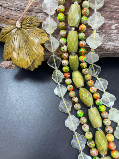 NEW! BULK SET! Natural Multi Gemstone Beads Set. 13x20mm Green Opal Barrel Shape. 18mm Lemon Quartz Clover Shape. 8mm Sea Sediment 15.5”