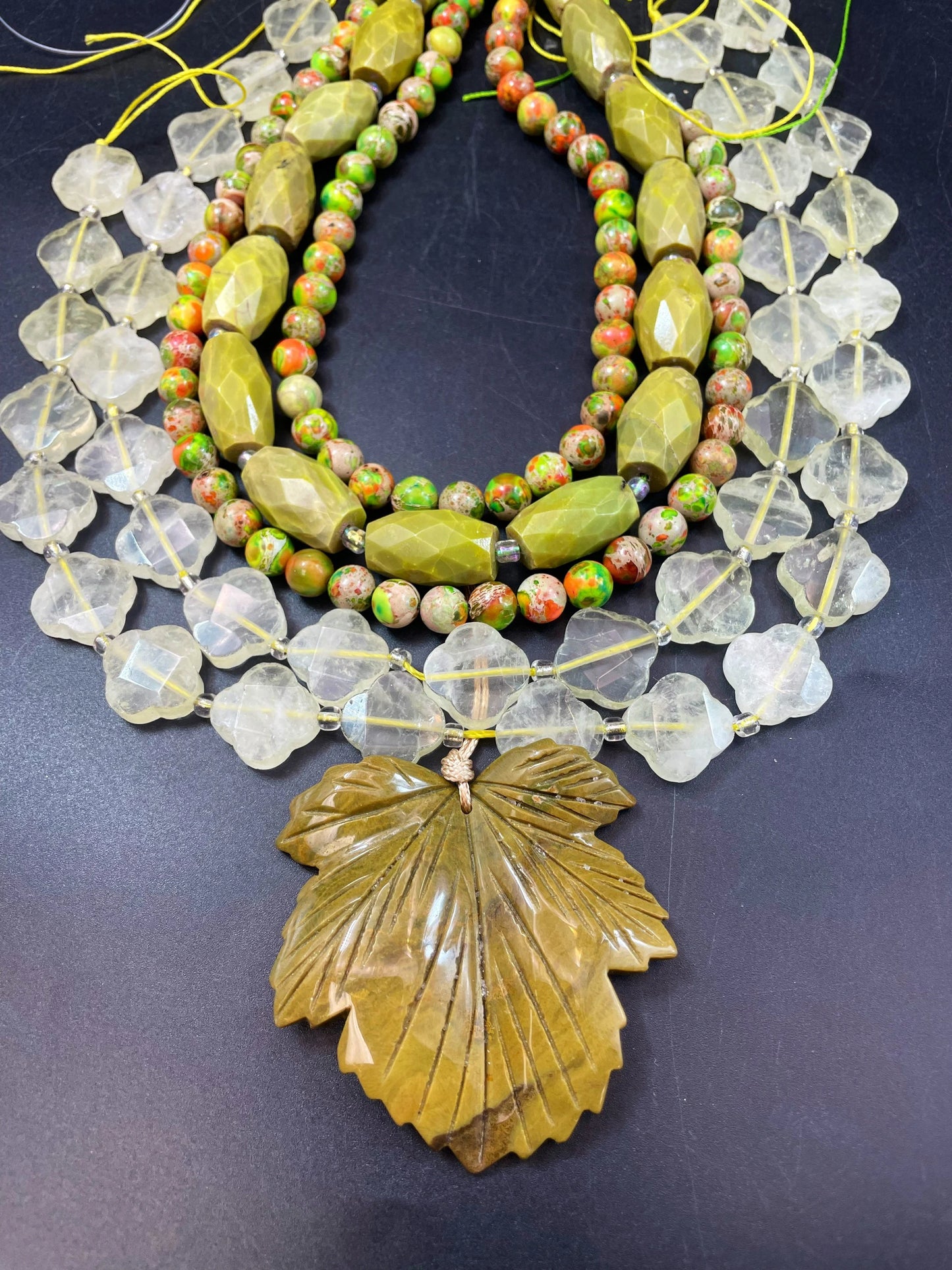 NEW! BULK SET! Natural Multi Gemstone Beads Set. 13x20mm Green Opal Barrel Shape. 18mm Lemon Quartz Clover Shape. 8mm Sea Sediment 15.5”