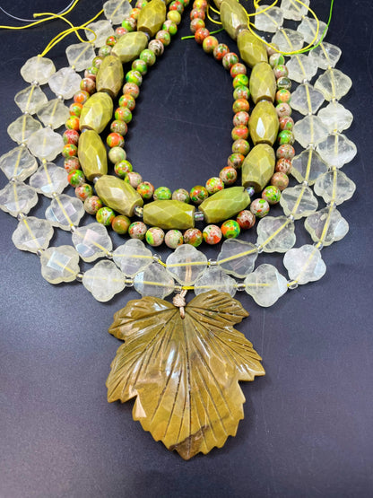 NEW! BULK SET! Natural Multi Gemstone Beads Set. 13x20mm Green Opal Barrel Shape. 18mm Lemon Quartz Clover Shape. 8mm Sea Sediment 15.5”