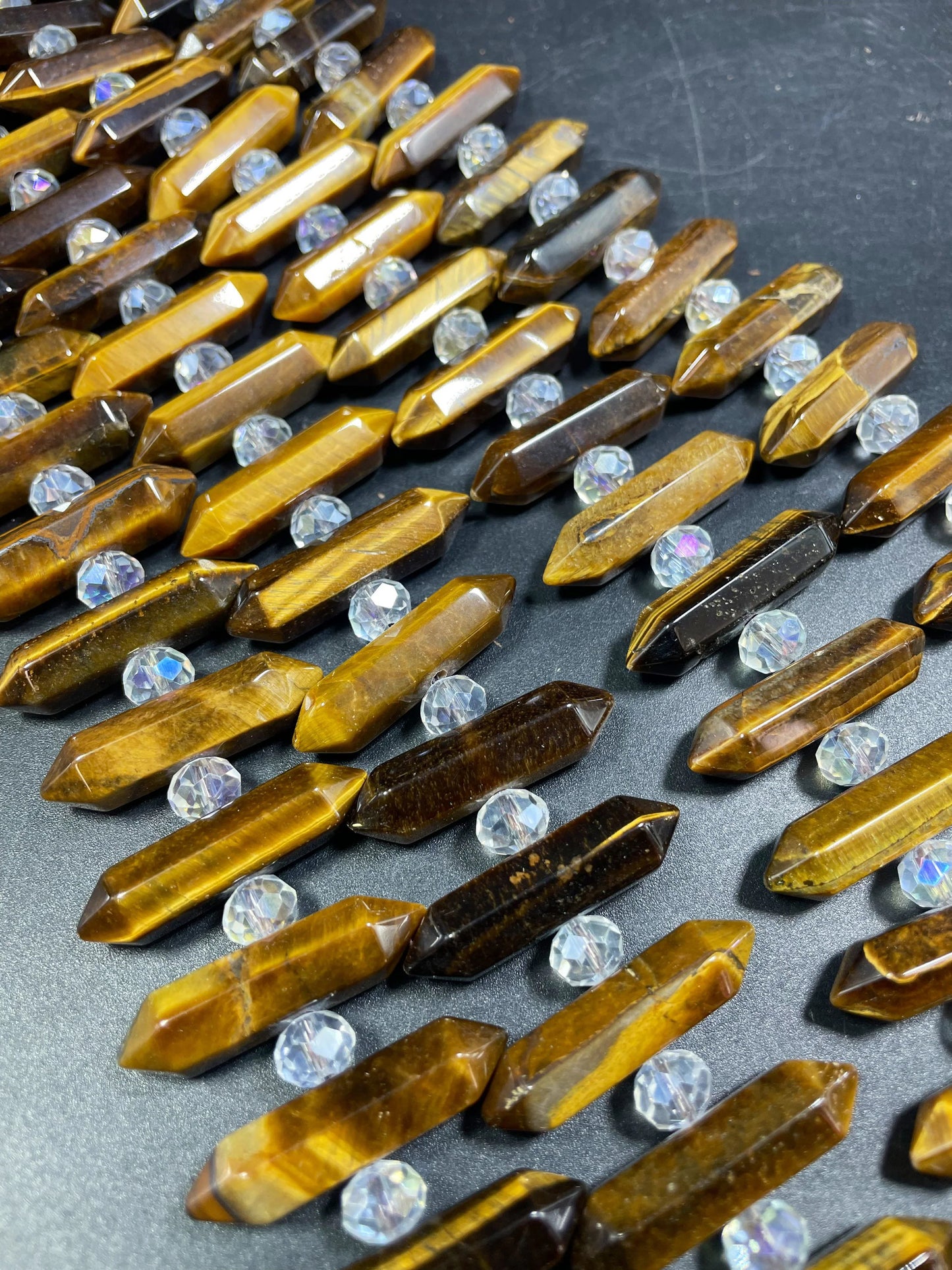 AAA natural tiger eye stone bead. Faceted Double Point 8x30mm barrel shape. Gorgeous natural honey yellow tiger eye. Loose beads 15.5”