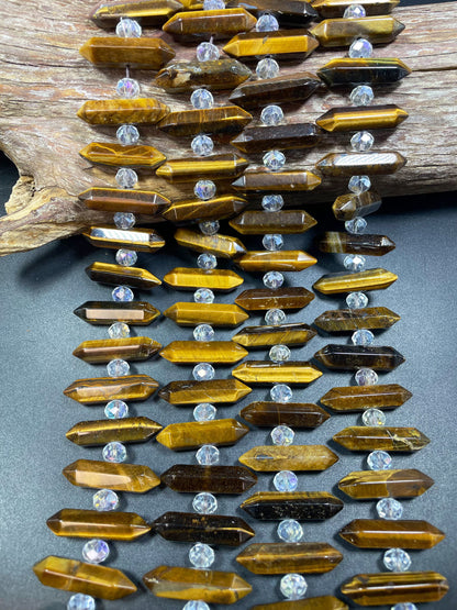 AAA natural tiger eye stone bead. Faceted Double Point 8x30mm barrel shape. Gorgeous natural honey yellow tiger eye. Loose beads 15.5”