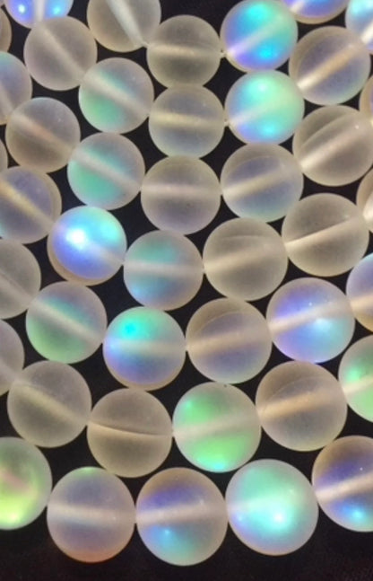 Frosted Aura Quartz beads, Natural gemstone beads, 12mm White Matte synthetic glass moonstone beads, Full strand 16” high quality