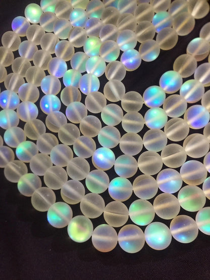 Frosted Aura Quartz beads, Natural gemstone beads, 12mm White Matte synthetic glass moonstone beads, Full strand 16” high quality