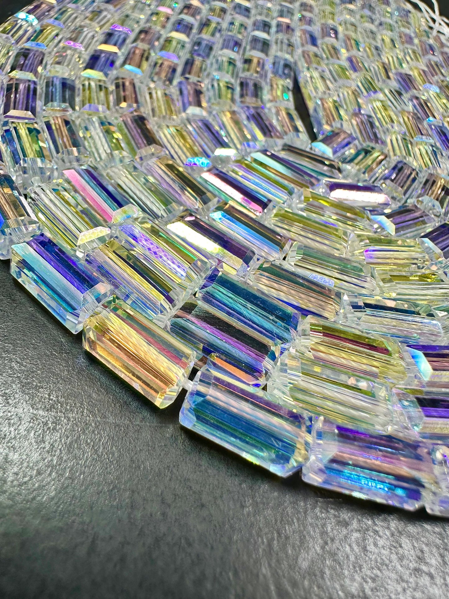 AAA High Quality Iridescent Crystal Bead Faceted 12x5mm Rectangle Shape Beads. Gorgeous Rainbow Flash Beads Great Quality Full Strand 15.5"